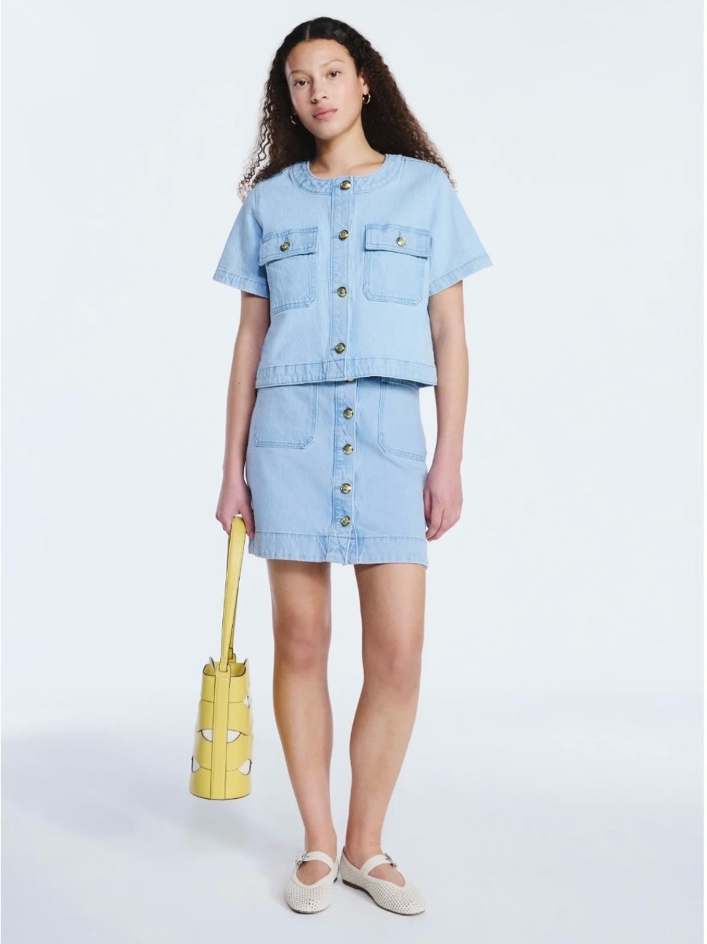 NWT Free Assembly Denim Button Front Mini Skirt Light Wash Gold Womens Size 2 - Picture 2 of 11